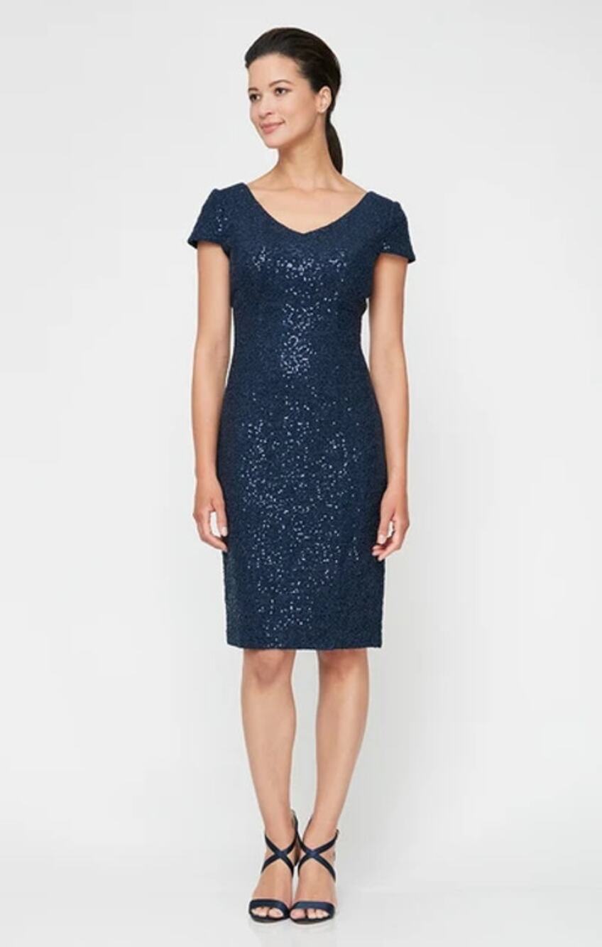 NEW Alex Evenings Sheath Dress Navy Blue Sequin V neck Knee Length Size 12